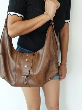 Cognac Brown Y2K Star Studded Hobo Shoulder Bag Ivory White Slouchy Vegan Bag